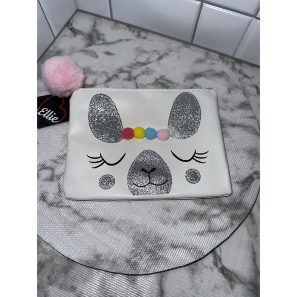 Cute‎ Llama Zipper Pouch 8x6 Makeup Bag Pom Pom Glitter Animal Case